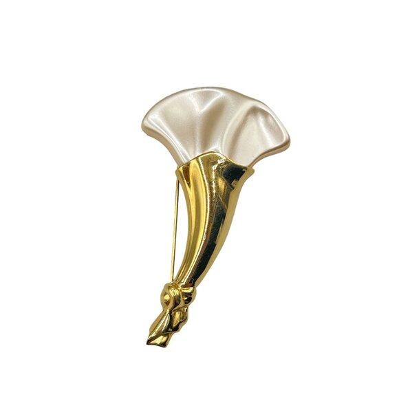 Vintage Carolee Gold Tone & Pearl Lily Brooch Pin Large Statement Flower - Picture 1 of 6